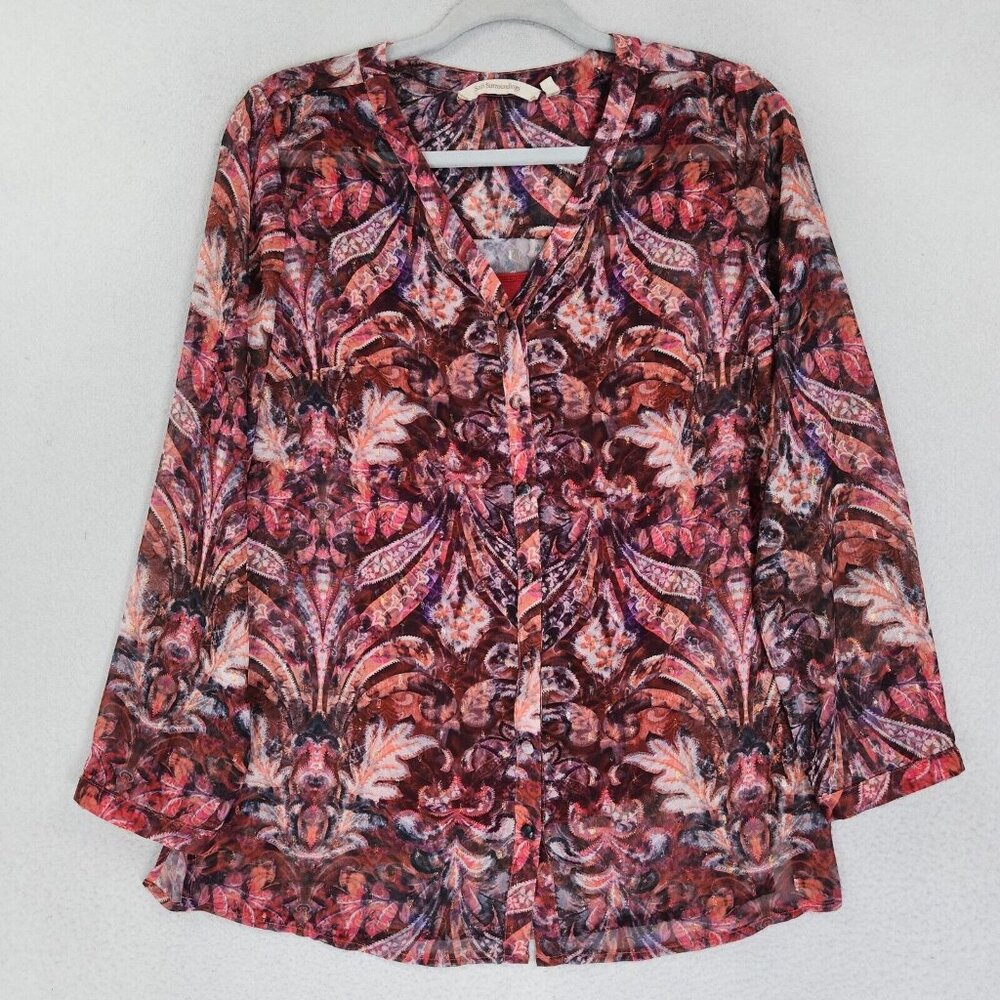 Soft Surroundings Shirt Womens XS Pink Paisley Tasha Shimmer Long Sleeve Blouse